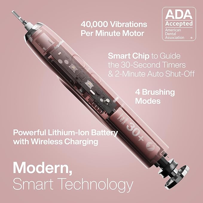 Aquasonic Vibe Series Ultra-Whitening Toothbrush – ADA Accepted Electric Toothbrush - 8 Brush Heads &amp Travel Case – 40000 VPM Motor &amp Wireless Charging - 4 Modes w Smart Timer – Satin Rose Go