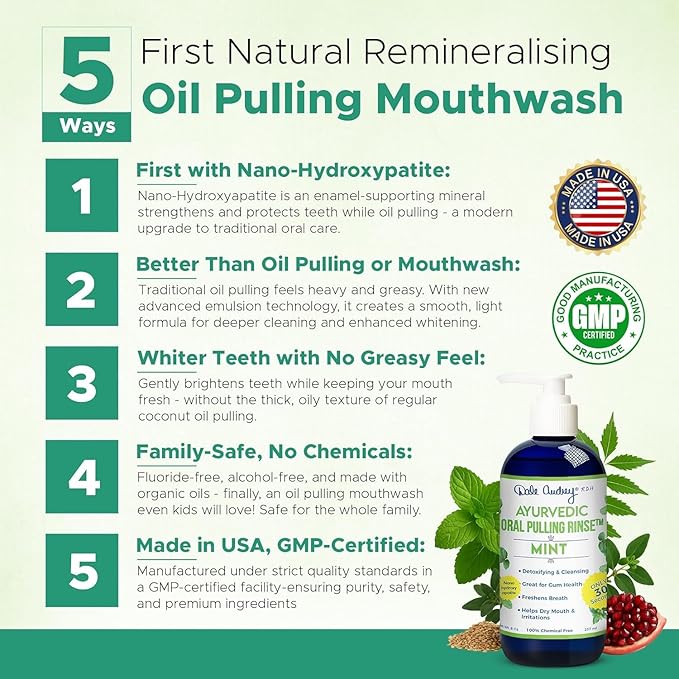 Dale Audrey Nano Hydroxyapatite Mouthwash Oil Pulling for Teeth and Gums | Mint Flavored Organic Mouthwash for Bad Breath | Essential Oils for Teeth Whitening &amp Fresh Breath Natural Mouthwash 8 oz