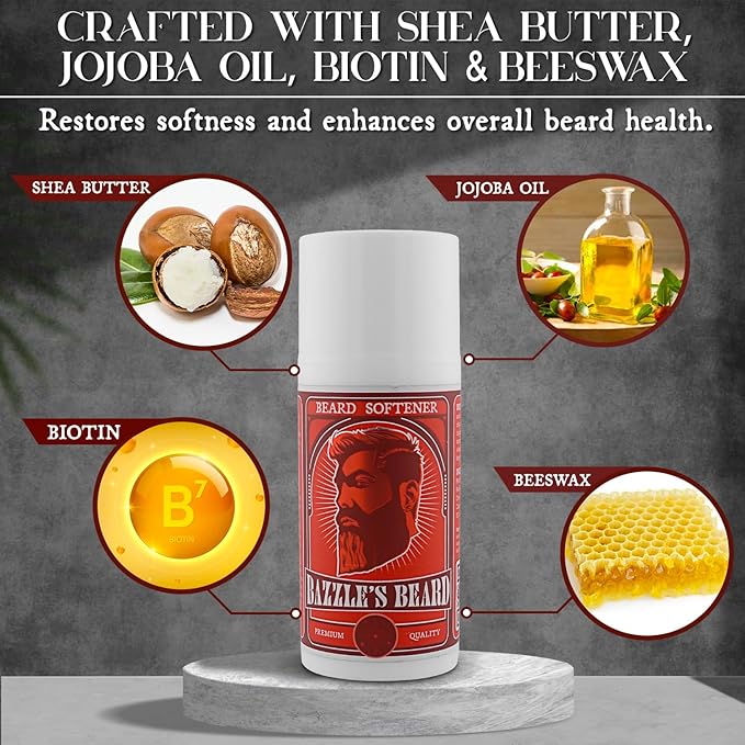 Bazzle's Beard Softener – Beard Balm Conditioner for Men with Biotin Softens Coarse Hair Deeply Moisturizes Facial Hair Conditions Skin and Adds Natural Shine Products for Mustache Care