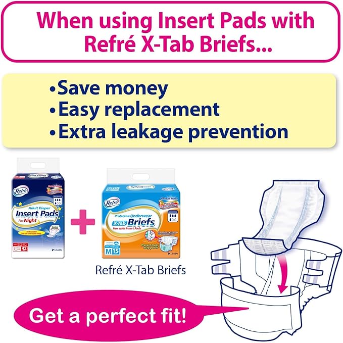 Refré Adult Diaper Insert Pads for Night - Unisex Booster Liners for Tabbed Briefs with Odor Control &amp Leak Protection - 600cc Absorbent Incontinence Pads 11x19.3 (42 Count)
