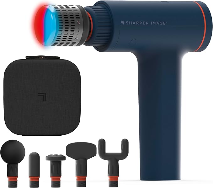 Sharper Image Deep Tissue Percussion Massage Gun Powerboost Versa Hot &amp Cold Rechargeable Handheld Massager 5 Adjustable Speeds 6 Attachment Heads &amp Carrying Case for Muscle Pain Relief B