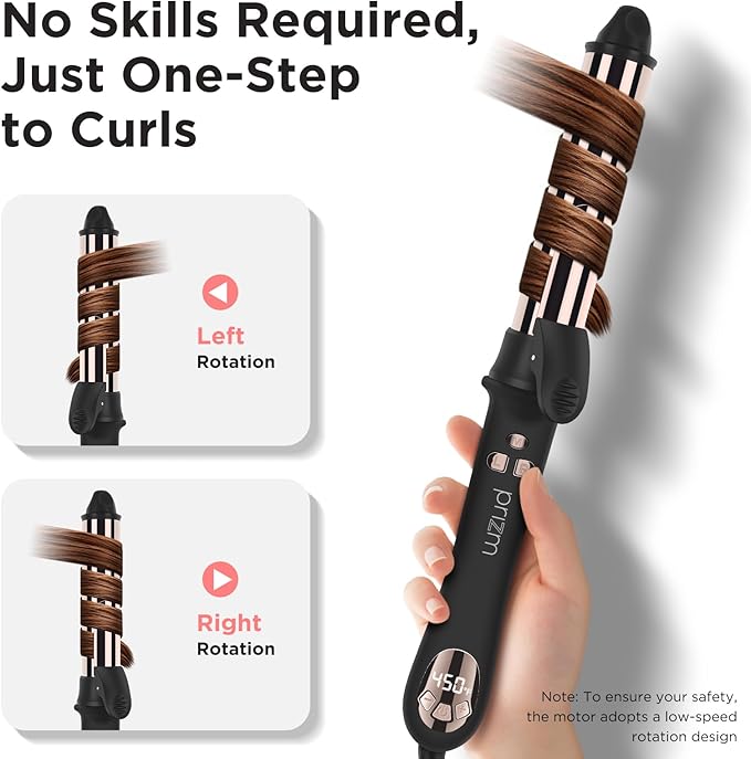 Prizm 1.25inch/32mm Automatic Curling Iron for Big Curler Rotating Curling Wand Up to 450°F LCD Display Auto-Shut Off &amp Dual Voltage Negative Ion