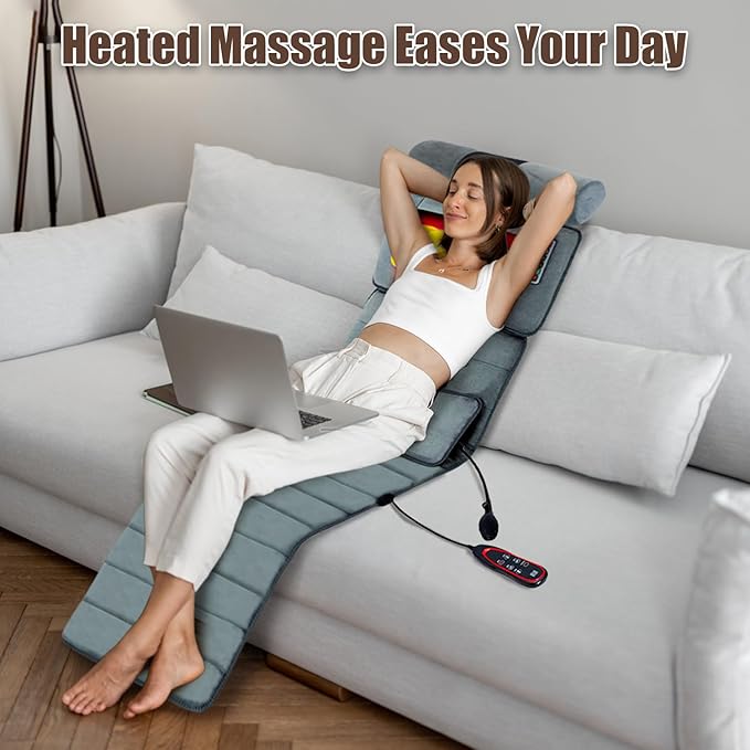 TeqHome Full Body Massage Mat with Heat Massager Pad with 10 Motors 9 Modes &amp 3 Timers Neck/Back Relief Anti-Slip for Bed/Sofa Gift for Men Women