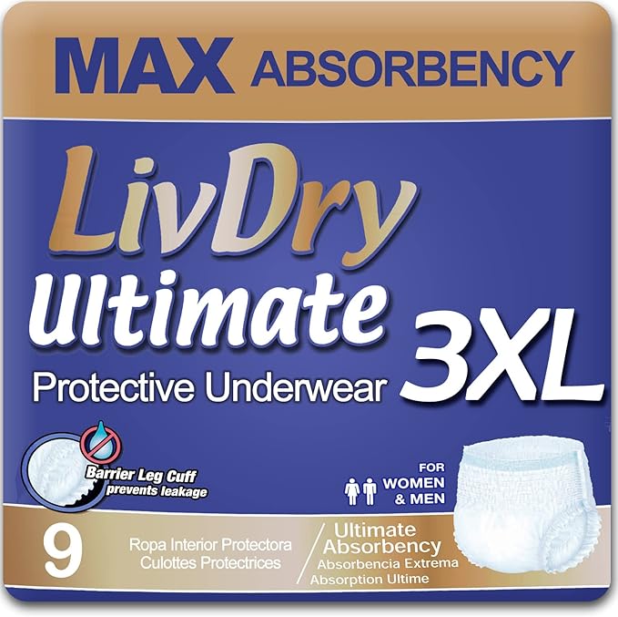 LivDry Ultimate 3XL Adult Incontinence Underwear Max Absorbent Diapers for Women and Men XXXL 72” -92 Waist Leak Proof Cuff XXX-Large 9 Count