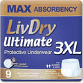 LivDry Ultimate 3XL Adult Incontinence Underwear Max Absorbent Diapers for Women and Men XXXL 72” -92 Waist Leak Proof Cuff XXX-Large 9 Count