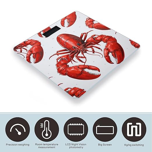 Red Lobster Print Scale for Body Weight Highly Accurate Digital Bathroom Scale Sturdy Tempered Glass Weighing Scales with LCD Display Fashion Body Fat Smart Scales 400lb