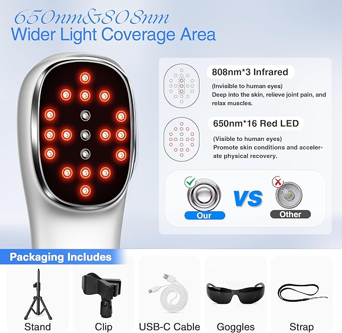 Red Light Therapy Device for Joints &amp Muscles Pain Relief Infrared Light Therapy for Body (3x808nm +16X650nm) Handheld Cold Laser Therapy Device for Humans/Pets
