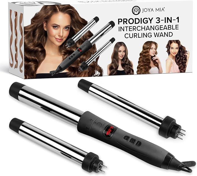 JOYA MIA Prodigy 3-in-1 Interchangeable Titanium Hair Curler - Professional Salon Long-Lasting Curls Hair Curling Tools Kit Durable and Easy-to-Use for Various Curl Styles Black