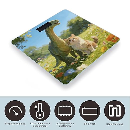 Cat and Dinosaur Weight ScaleClear LED Display Bathroom Digital Weighing ScaleTempered Glass Digital Bathroom Scale for Body Weight Capacity Up to 400 Lbs