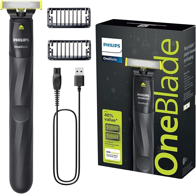 Philips OneBlade Trimmer &amp Shaver Trim &amp Shave Any Length with Extra Skin Protection Dual-Sided Blade Waterproof Body Electric Razor USB Charging 2 Stubble Combs Included