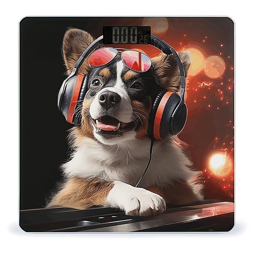 Cute Dog Wearing Headphones Scale for Body Weight Anti-Slip Tempered Glass Digital Bathroom Scales Clear LCD Display Weighing Scale Safe Rounded Corners Smart Scales