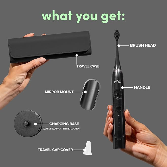 ARU Sonic Toothbrush Starter Kit with Customizable Modes and 2 Minute Timer ADA-Approved Electric Toothbrush for Adults Soft Toothbrush for Gums 45+ Days Battery Travel Case Midnight Black