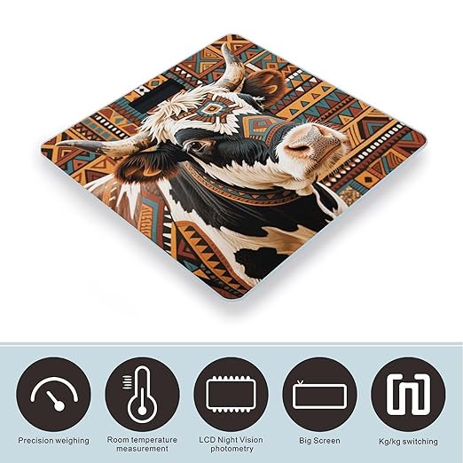 Digital Bathroom Scale for Body Weight Scale with Bright LCD Display High Accuracy Step-On Technology Auto On/Off Aztec Ethnic Tribal Cow Digital Scales 400 Lbs /180kg
