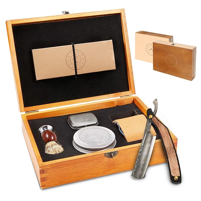 Naked Armor Damascus Straight Razor Kit - Straight Razor Shaving Kit for Men with Carbon Steel 7/8 Blade Leather Strop Organic Shave Soap Synthetic Shaving Brush Strop Paste Leather Case Gift