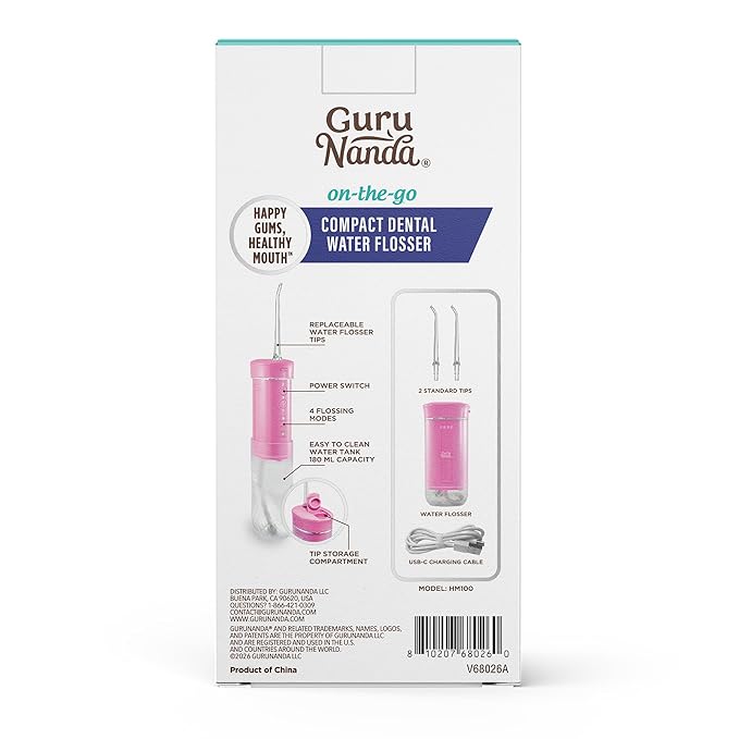 GuruNanda Compact Water Dental Flosser Portable Travel Size Oral Irrigator Flosser with Collapsible 180 ml Tank Smart Timer 4 Flossing Modes TSA-Friendly - Pink