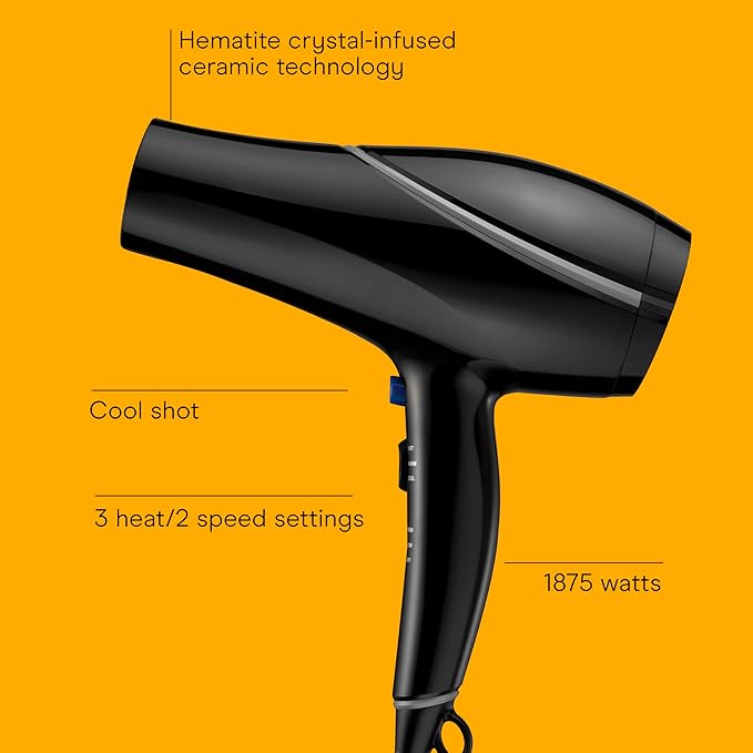 Conair Hair Dryer Style &amp Shine Natural Crystal Collection 1875W Hairdryer 3 Heat Settings 2 Speeds Blow Dryer with Concentrator Attachment Ionic &amp Hematite-Infused Ceramic Technology Bl