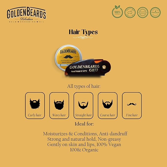 Golden Beards Mustache Wax with GB-77 Folding Comb – Organic &amp Natural Styling Wax for Men – Strong Hold Vegan Cruelty-Free Grooming Kit