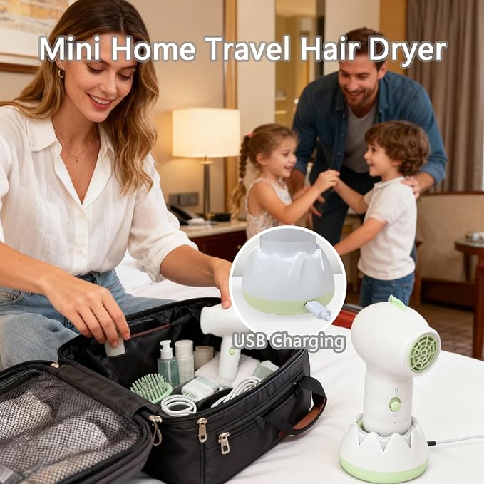 NUFR Cordless Hair Dryer for Kids Portable Low Heat Gentle Airflow Handheld Cute Mini Blow Dryer with Charging Base for Hair Body Delicate Skin USB Rechargeable Small Home Travel Hair Dryer