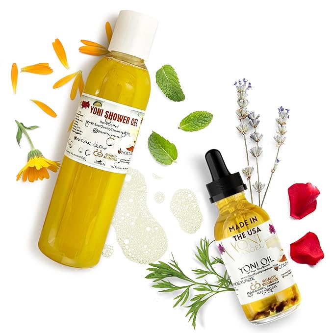 Yoni Wash Shower Gel (7 oz) and Yoni Oil (1.1 oz) Bundle Includes Body Wash for Cleansing and Feminine Care Oil for pH Balance and Odor Control Natural Feminine Hygiene Products Body Care Bundle