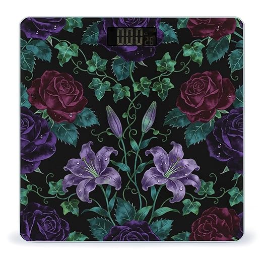Dark Floral Pattern Weight ScaleClear LED Display Bathroom Digital Weighing ScaleTempered Glass Digital Bathroom Scale for Body Weight Capacity Up to 400 Lbs