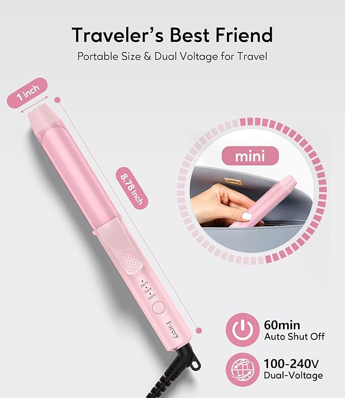 FARERY Mini Curling Iron 1 Inch Ceramic Mini Hair Curler with 3 Adjustable Temp Auto-Off 100-240V Dual Voltage for Travel Infused with Keratin &amp Argan Oil Travel Size Curling Iron with Storag