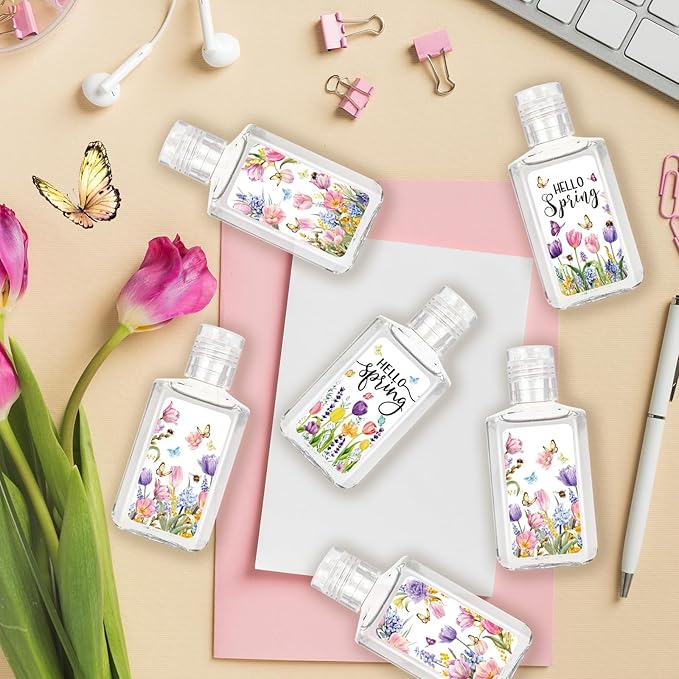 50 Pcs Hello Spring Mini Hand Sanitizers Bulk 1fl oz Travel Size Portable Tulip Flower Scented Hand Soap Gifts Small Spring Hand Sanitizer for Nurse Coworker Teacher Office Gifts