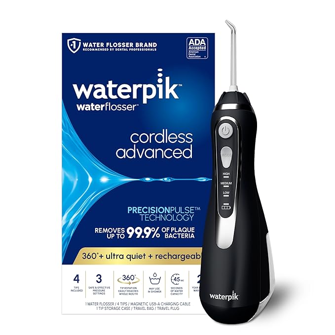 Waterpik Cordless Advanced 2.0 Water Flosser For Teeth Gums Braces Dental Care With Travel Bag and 4 Tips ADA Accepted Rechargeable Portable and Waterproof Black WP-582 Packaging May Vary