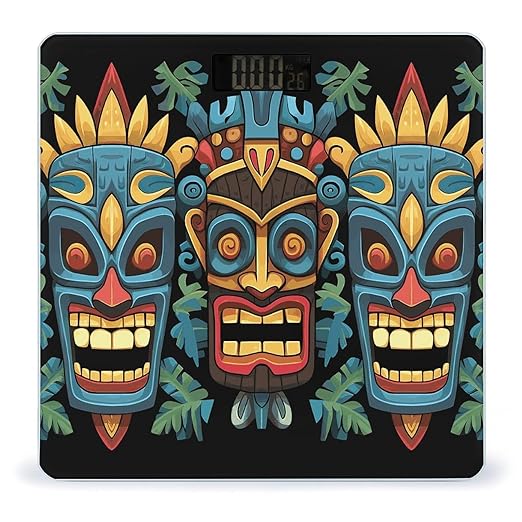 Colorful Tiki Mask Pattern Bathroom Scale Automatic Power On/Off Body Scales LCD Backlight Display Square Digital Scale Rounded Corners Bathroom Scales for Home Bedrooms