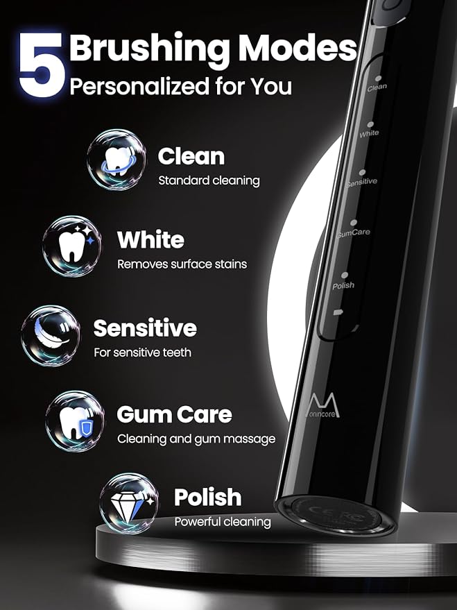 Electric Toothbrush for Adults 180 Days Battery Life Rechargeable Sonic Toothbrush with 4 Brush Heads Smart Timer 55000VPM for Deep Cleaning &amp Whitening with 5 Modes Travel Case Black