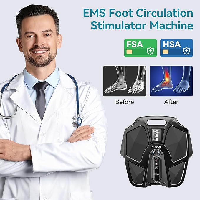NURSAL EMS Foot Massager for Neuropathy Electric Muscle Stimulator for Feet &amp Legs Circulation TENS Unit for Feet with 6 Reusable Pads Wireless Remote with 90 Adjustable Intensity Levels