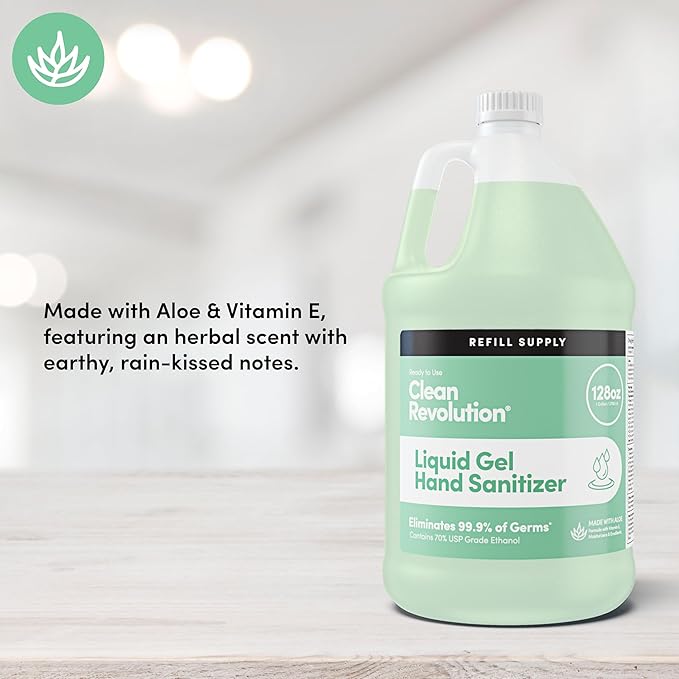 Clean Revolution Liquid Gel Hand Sanitizer 128 Fl. Oz Refill Supply Container| Eliminates 99.9% of Germs | Gentle &amp Aloe Enriched | 70% USP Medical Grade Ethanol Medical Facility Compliant