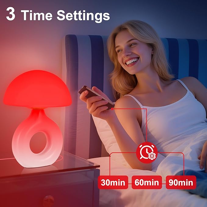 Mushroom Red Light Lamp for Sleep 670nm Deep Sleep Red Night Light - 4 Color and 5 Dimmable Remote Control with 30-90min Timer Bedroom LED Nightstand Lamp Glass Shade White Ceramic Base