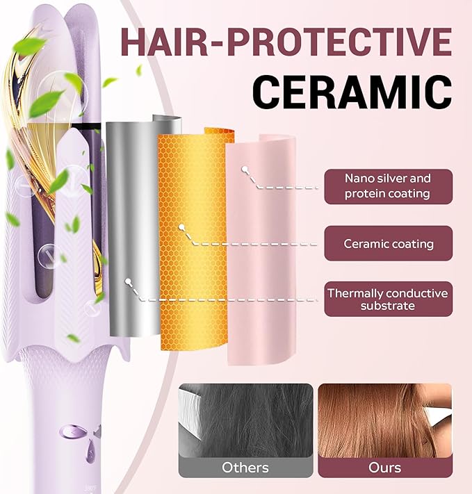 Auto Rotating Hair Curler - 4 Temperature and Timer Settings Automatic Curling Iron with Automatic Shut-Off Anti-Tangle and Scalding Curling Wand for Long Lasting Curls (Purple)