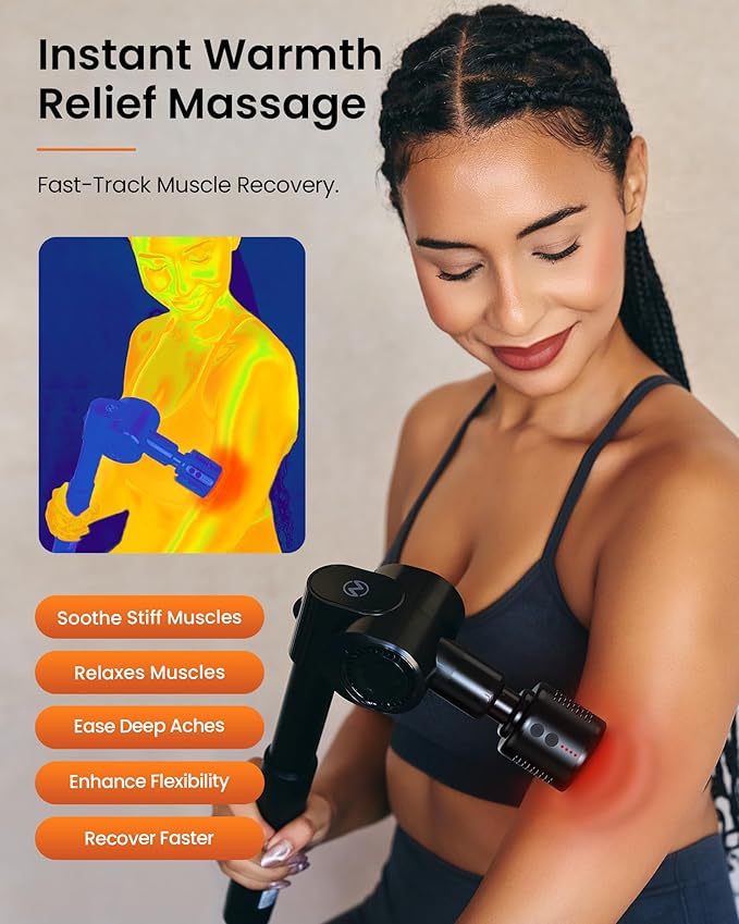 NAPRE Massage Gun with Heat and Cold HeadDeep Tissue Percussion Back Massager for Muscle/Neck/Body Pain Relief with Long Extension Retractable Handle32-SpeedsFoldable with 5 Adjustable Angles