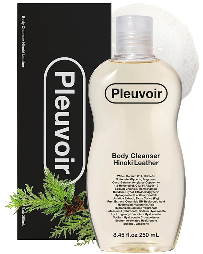 Pleuvoir Hinoki Leather Perfume Body Wash - French MANE × Japanese Cypress (Cedar &amp Musk) Unisex Woody Shower Gel Rich Moisturizing Foam with 8 Types Hyaluronic Acid Ceramides 8.45 fl.oz