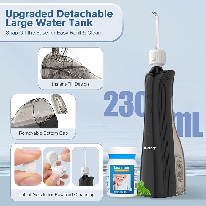 Leominor 3-in-1 Water Flosser &amp Electric Toothbrush Combo – Cordless Oral Irrigator with 235ml Large Tank5 Modes IPX7 WaterproofFreshening Stripsfor TeethGumsBracesHome &amp TravelBlack