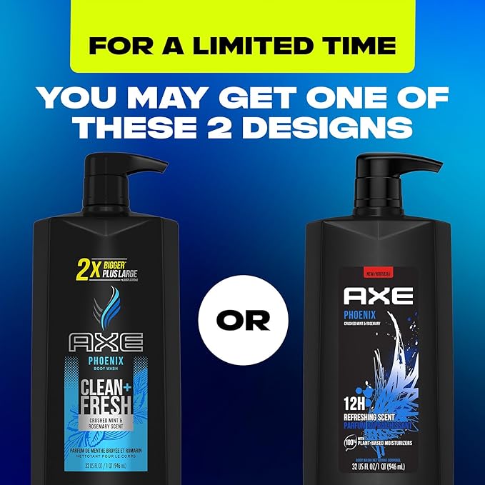 AXE Men's Body Wash &amp Shower Gel Phoenix 3-Pack 12H Invigorating Crushed Mint &amp Rosemary Scent 32 Fl Oz Each
