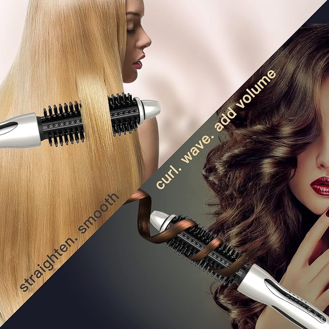 MIRACOMB Professional Hair Curler Straightening Brush | Ceramic Heated Round Brush | 1 Comb Flat Iron Straightener | Anti-Frizz Curl Wand Iron Roller with 5 Heat Settings Cool Touch Auto off White
