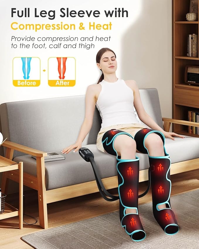 SLOTHMORE Leg Massager with Air Compression for Circulation 3-in-1 Full Leg Heating for Foot Calf Thigh 4 Modes 4 Intensities 2 Heat Levels Compression Device for Swollen Legs RLS Pain Relief