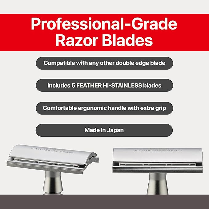 Feather - Wood Handle Stainless Double Edge Razor with Wood Inlay Stainless Steel Stand - With Resin-Impregnated Handle &amp Stand - Includes 5 Hi-Stainless Blades - Made in Japan