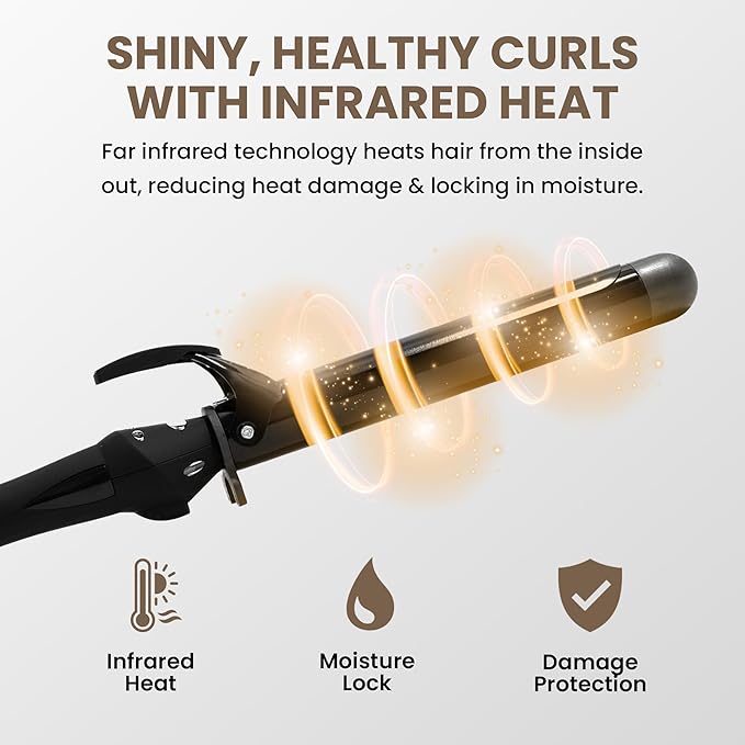 Infrared Curling Iron 1.5” Ceramic Tourmaline Long Barrel – Digital Professional Hair Curler with Ion Technology for Big Curls Beach Waves Thick Hair – Fast Heat Clamp Dual Voltage