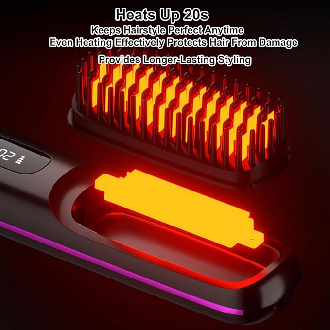 Cordless Hair Straightener Brush with LCD Temperature Display Portable Hair Straightener Fast Heating Cordless Mini Hair Brushs for Travel(Purple)