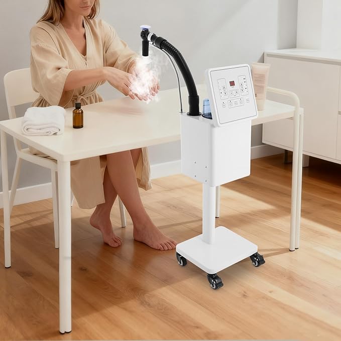 1600W Nano Hair Steamer with Ozone &amp Adjustable Mist Standing Salon Steamer Machine 30.44oz Tank 4 Lockable Wheels for Deep Conditioning at Home or Salon (White)