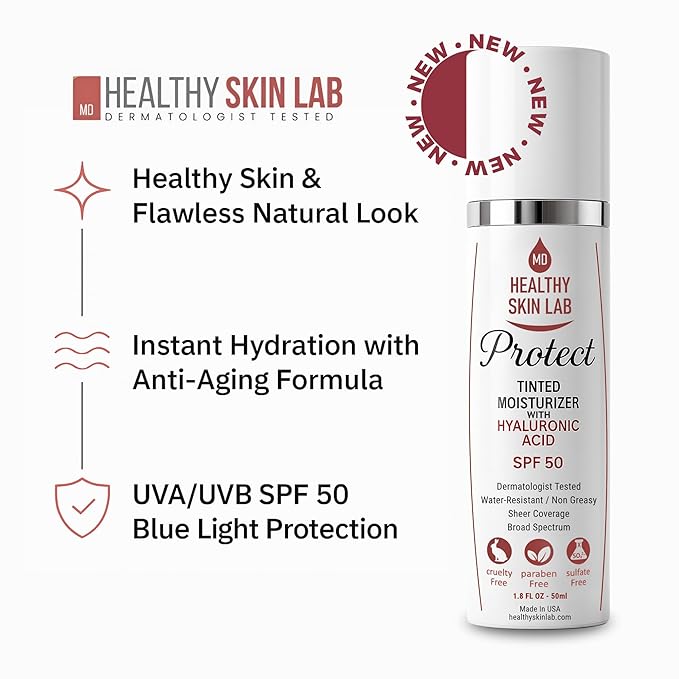 Healthy Skin Lab Protect Tinted Moisturizer SPF 50 Sheer Universal Tint Lightweight Hydrating Mineral Sunscreen for Face Hyaluronic Acid Broad Spectrum Daily SPF Dermatologist Tested 1.8 oz