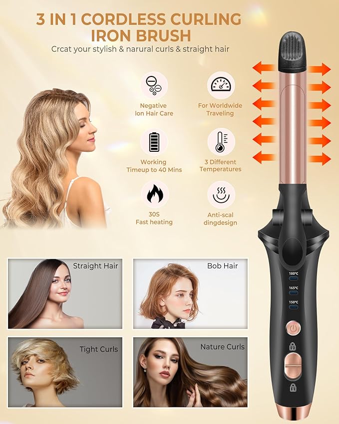 Cordless Curling Iron4000 mAh Cordless Hair Curler3 Temp Setting Mini Travel Battery Powered Curling Iron2 in 1 Portable Hair Straightener and Curler