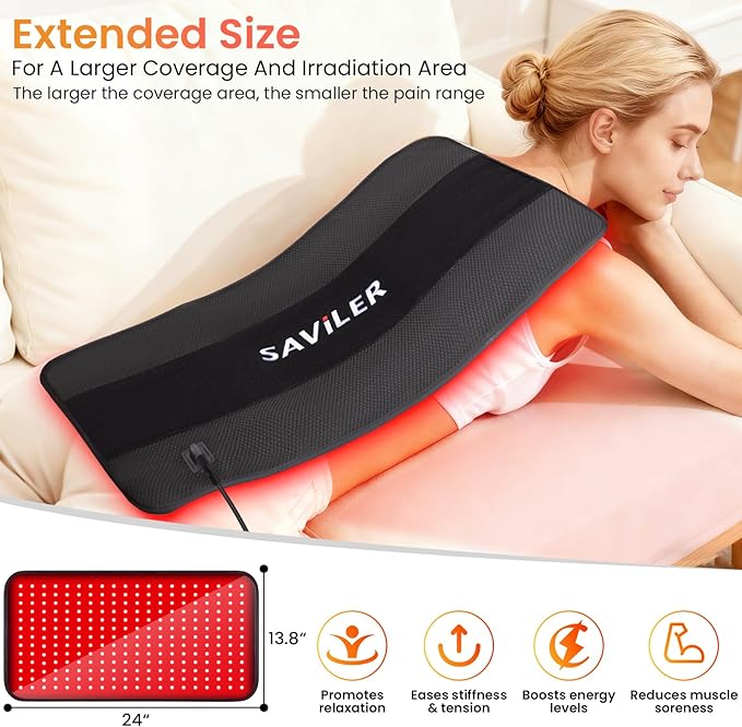 SAVILER® 24’’ x 13.8’’ Large Red Light Therapy Pad for Body 260 LEDs Light Therapy Mat with Timer 32W Near Infrared Light Therapy Wrap for Back Shoulder Joint Muscle Pain Relief