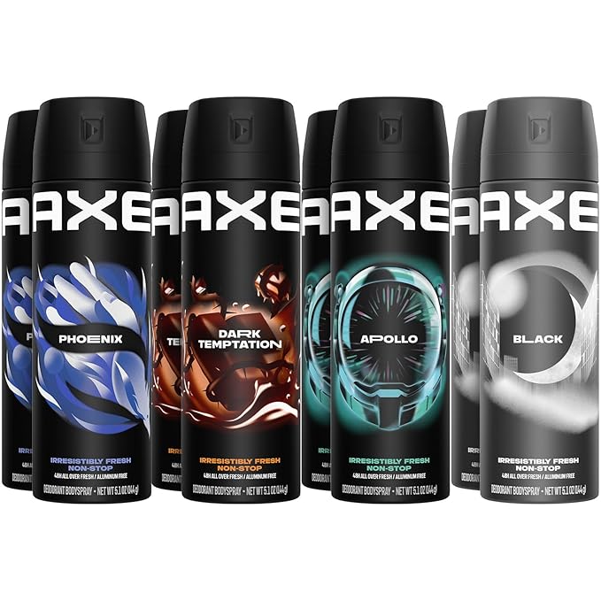 AXE Aluminum-Free Body Spray XL Variety 8-Pack Dark Temptation Black Apollo Phoenix 48H Odor Protection 5.1 Fl Oz Ea