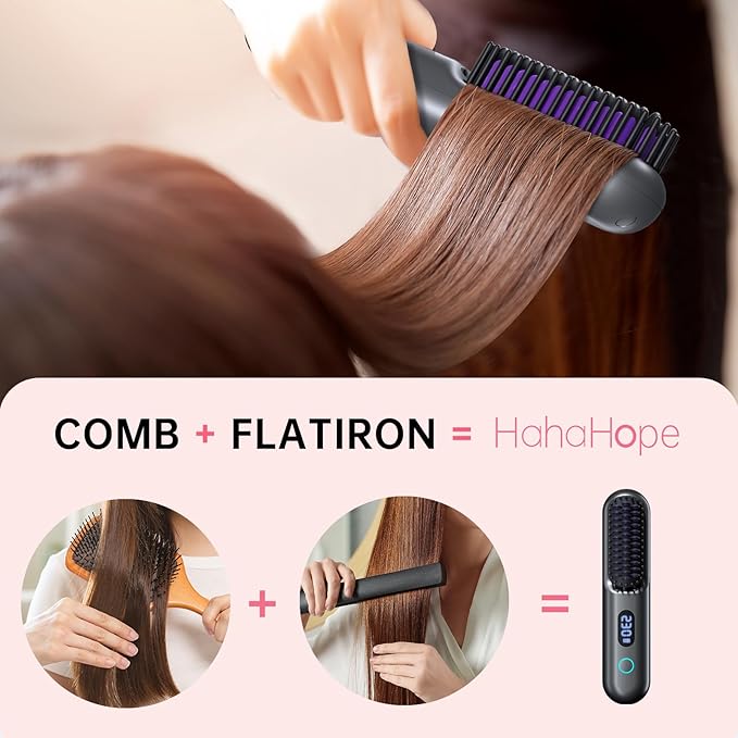Cordless Hair Straightener Brush-Portable Straightening Comb 9600mAh Batt Plasma Tech 9 Temp-Settings &amp LED Display for Travel &amp Home (Metallic Grey)