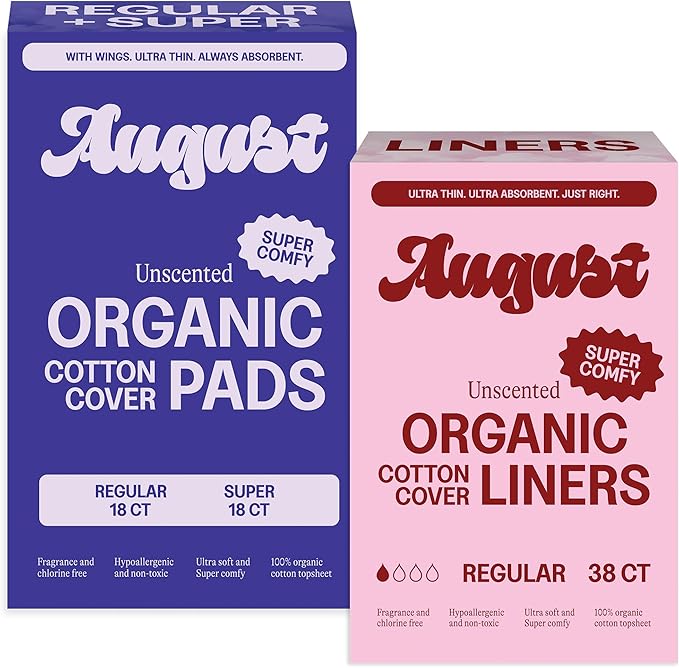 August Regular &amp Super Organic Pads + Cotton Liners Bundle - 74-Pack (36+38) Ultra-Thin Menstrual Pads with Wings + Organic Cotton Panty Liners Non-Toxic Fragrance-Free &amp Hypoallergenic