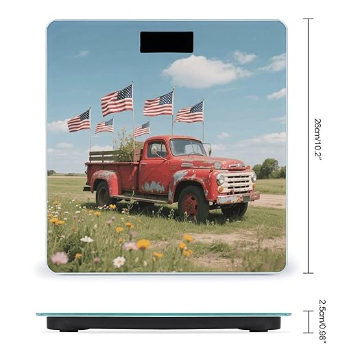 4th of July Patriotic Old Red Truck Weight Scale Large Digital Bathroom Scales with Bright LED Display Non Slip Digital Scale and Step On Fashion Weighing Machine for Body